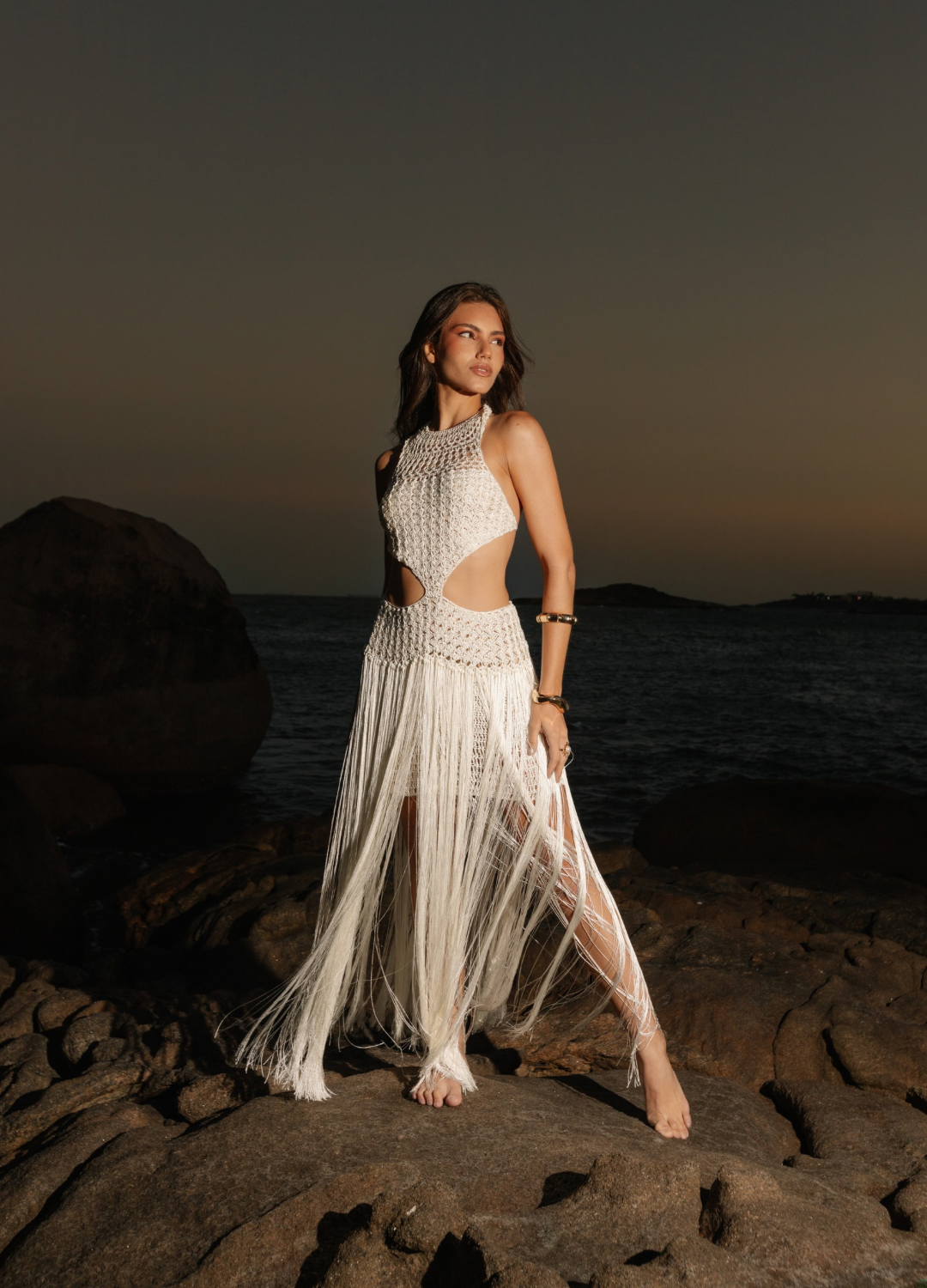 Vestido Aventino Longo Franjas Branco