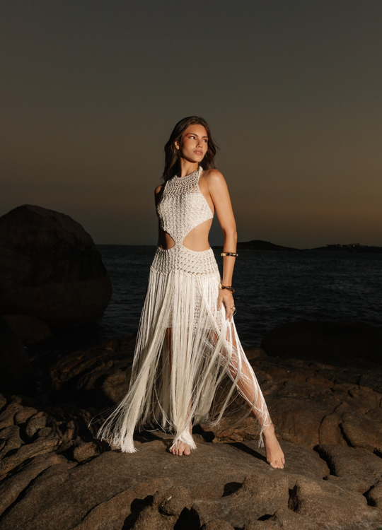 Vestido Aventino Longo Franjas Branco