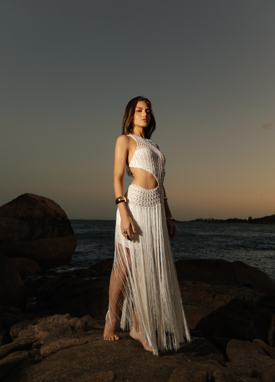 Vestido Aventino Longo Franjas Branco