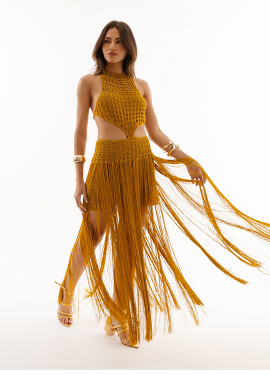 Vestido Aventino Longo Franjas Dourado