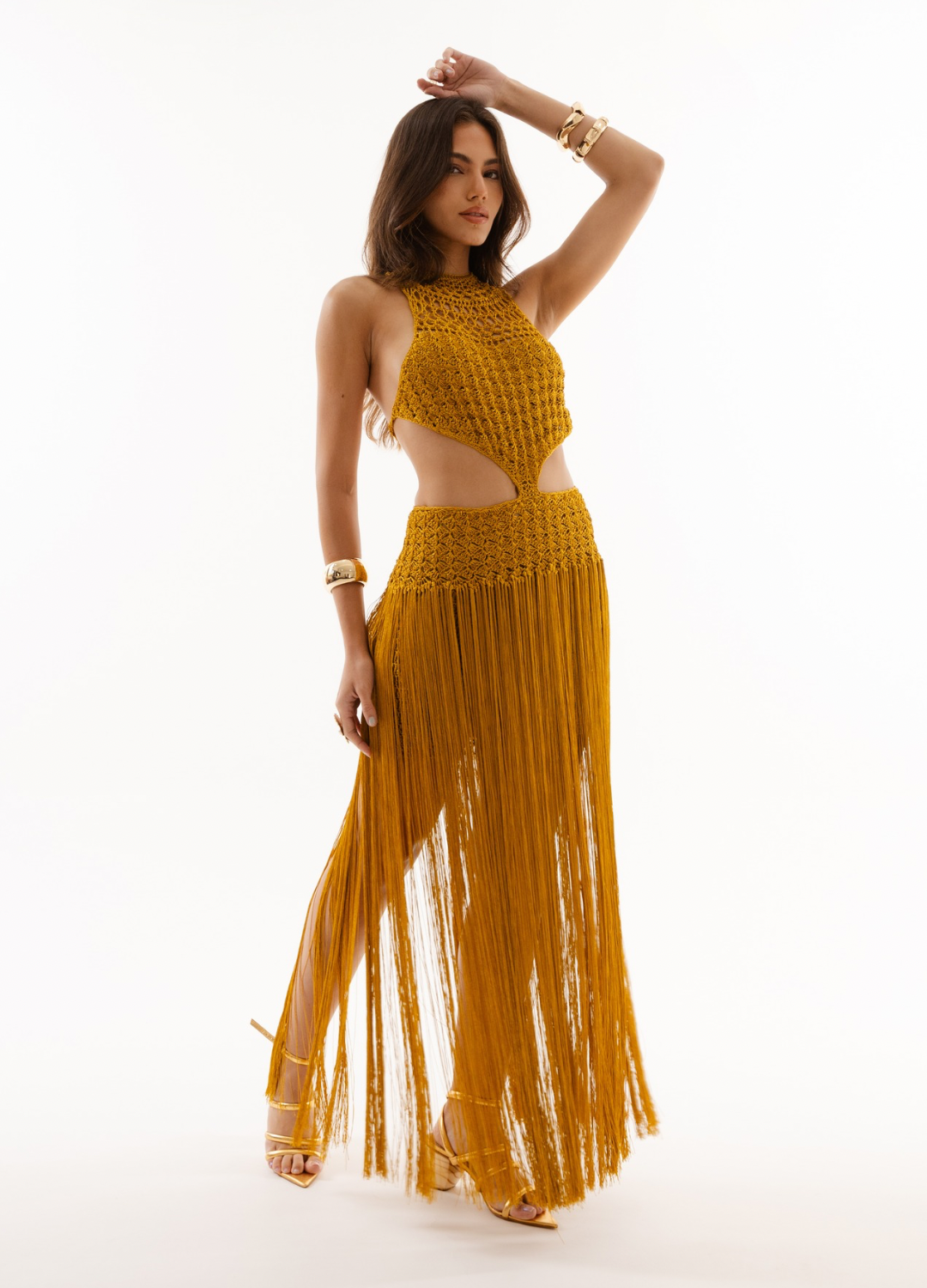 Vestido Aventino Longo Franjas Dourado