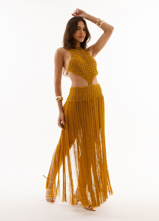 Vestido Aventino Longo Franjas Dourado